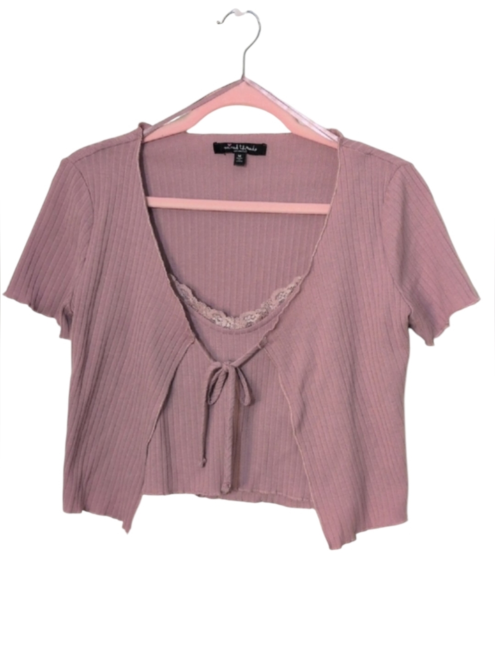 Tie-Front Ribbed Crop Top in Dusty Mauve, Size Medium